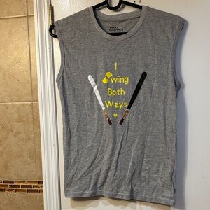 Gray Sleeveless Tee with Yellow and Black Bi Humor Supernatural Graphic